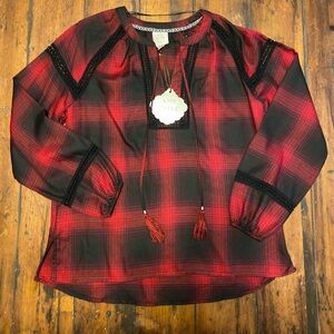 NWT Knox Rose Red and Black Plaid Blouse with Tassels, Size S